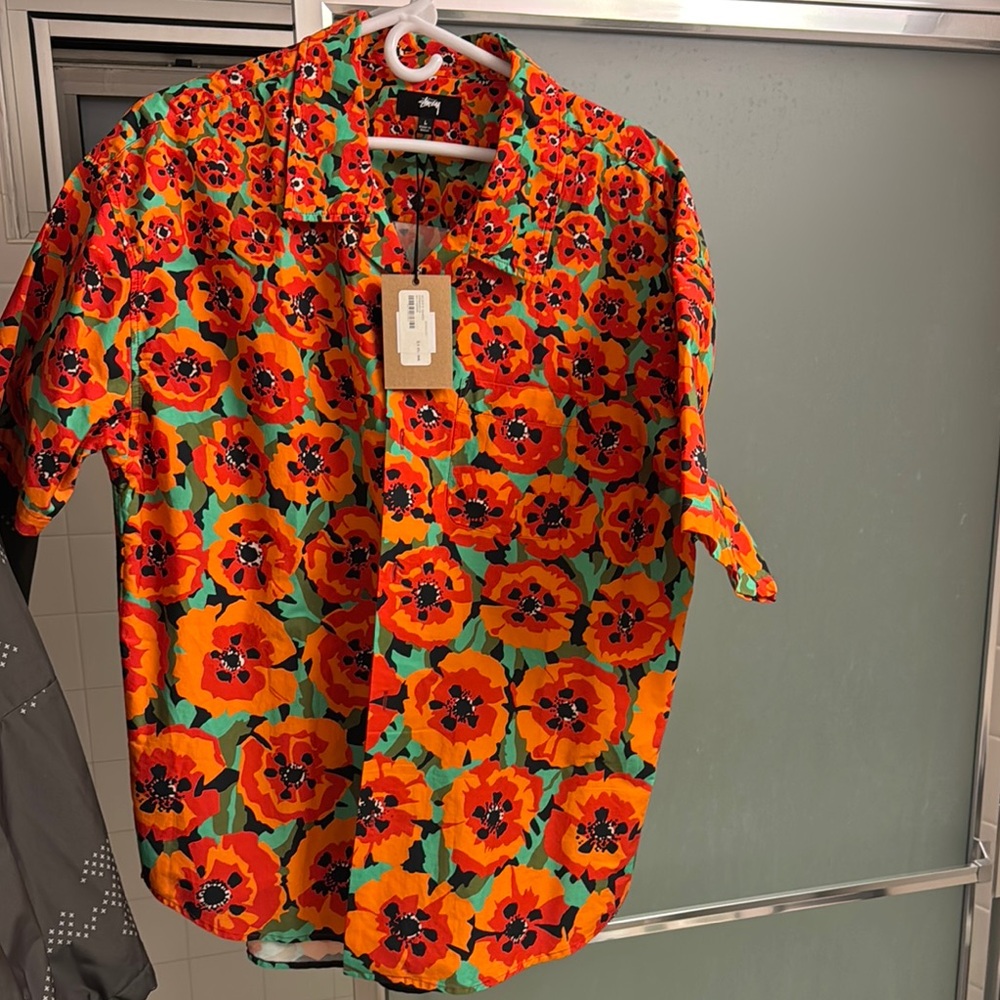 STUSSY Floral Button-Up Shirt - Orange and Red
